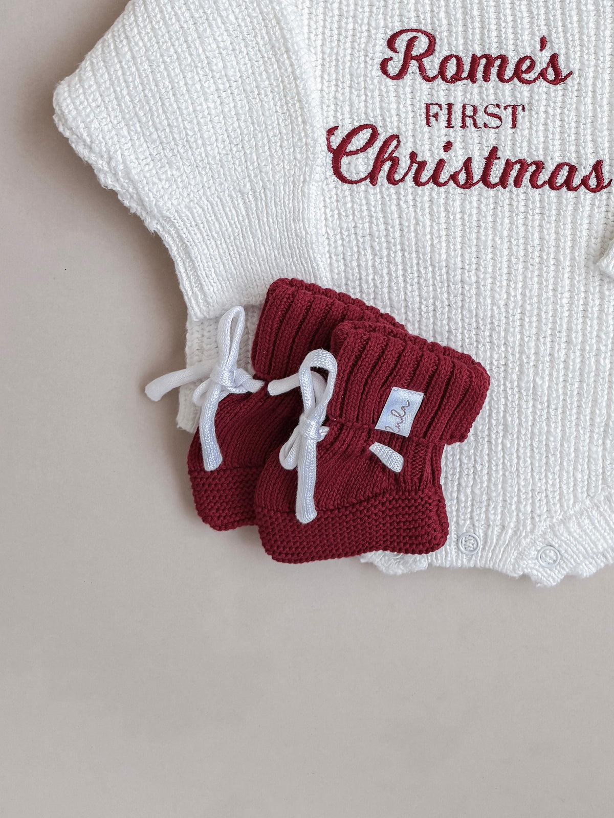 Baby Booties | Chunky Knit | Ruby Red | Milk White Laces