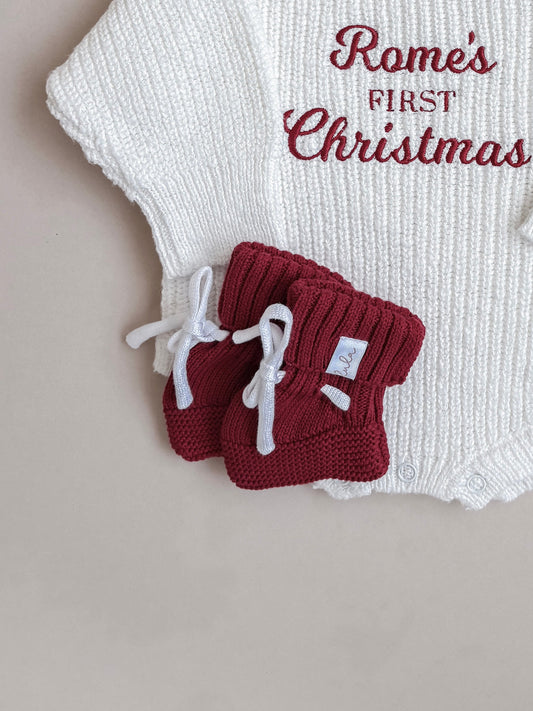 Baby Booties | Chunky Knit | Ruby Red | Milk White Laces