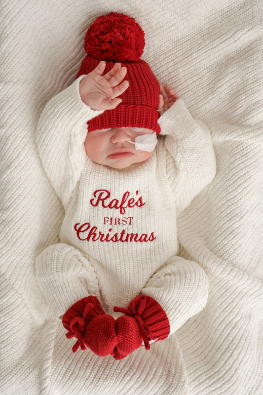 Personalised First Christmas Chunky Knit Baby Romper | Full Length | Ivory *PRE-ORDER