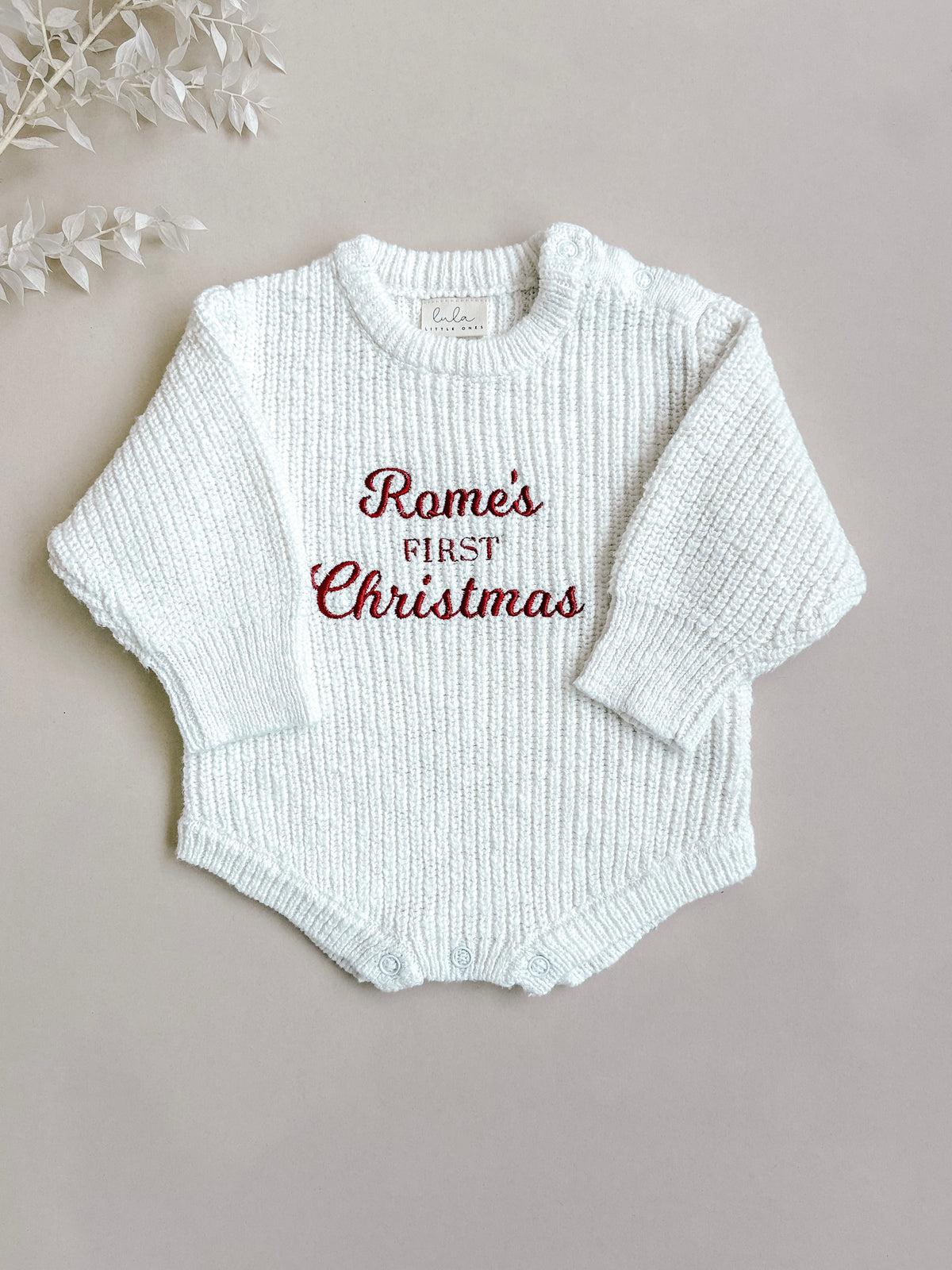 Personalised First Christmas Chunky Knit Baby Romper | Ivory