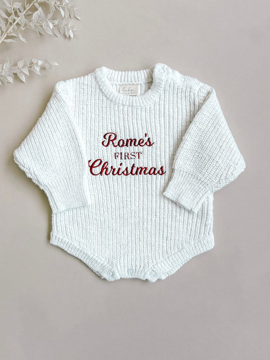 Personalised First Christmas Chunky Knit Baby Romper | Ivory