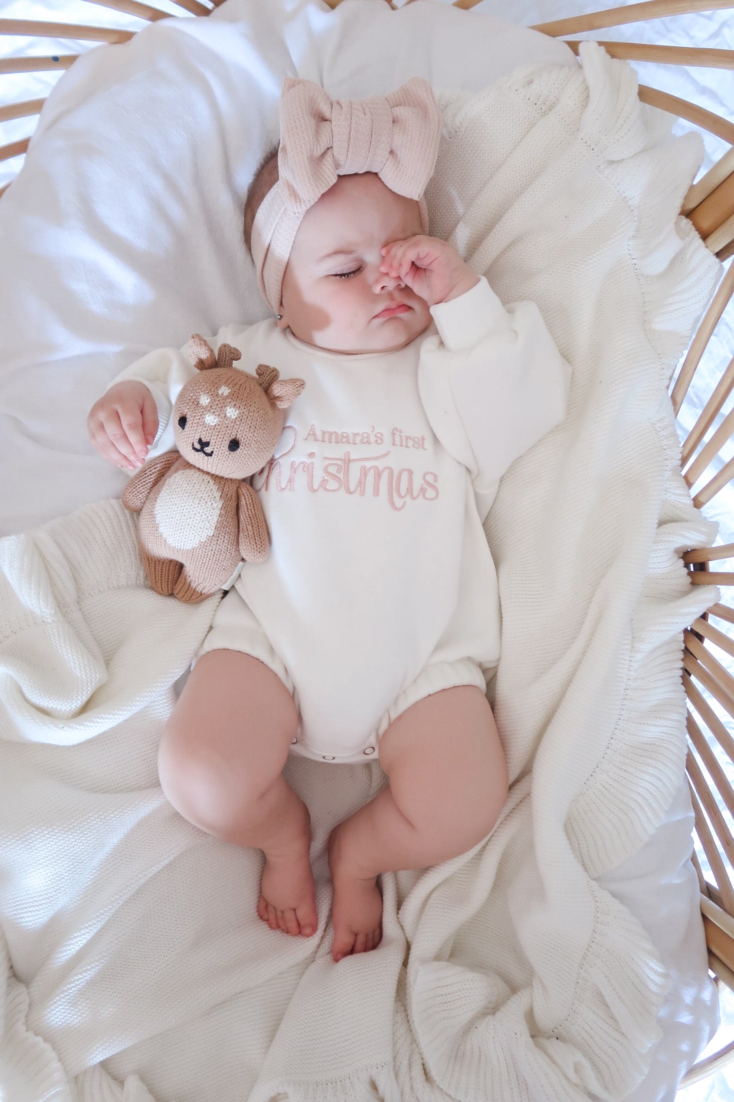 Personalised First Christmas Sweater Romper | Ivory | Pink Embroidery