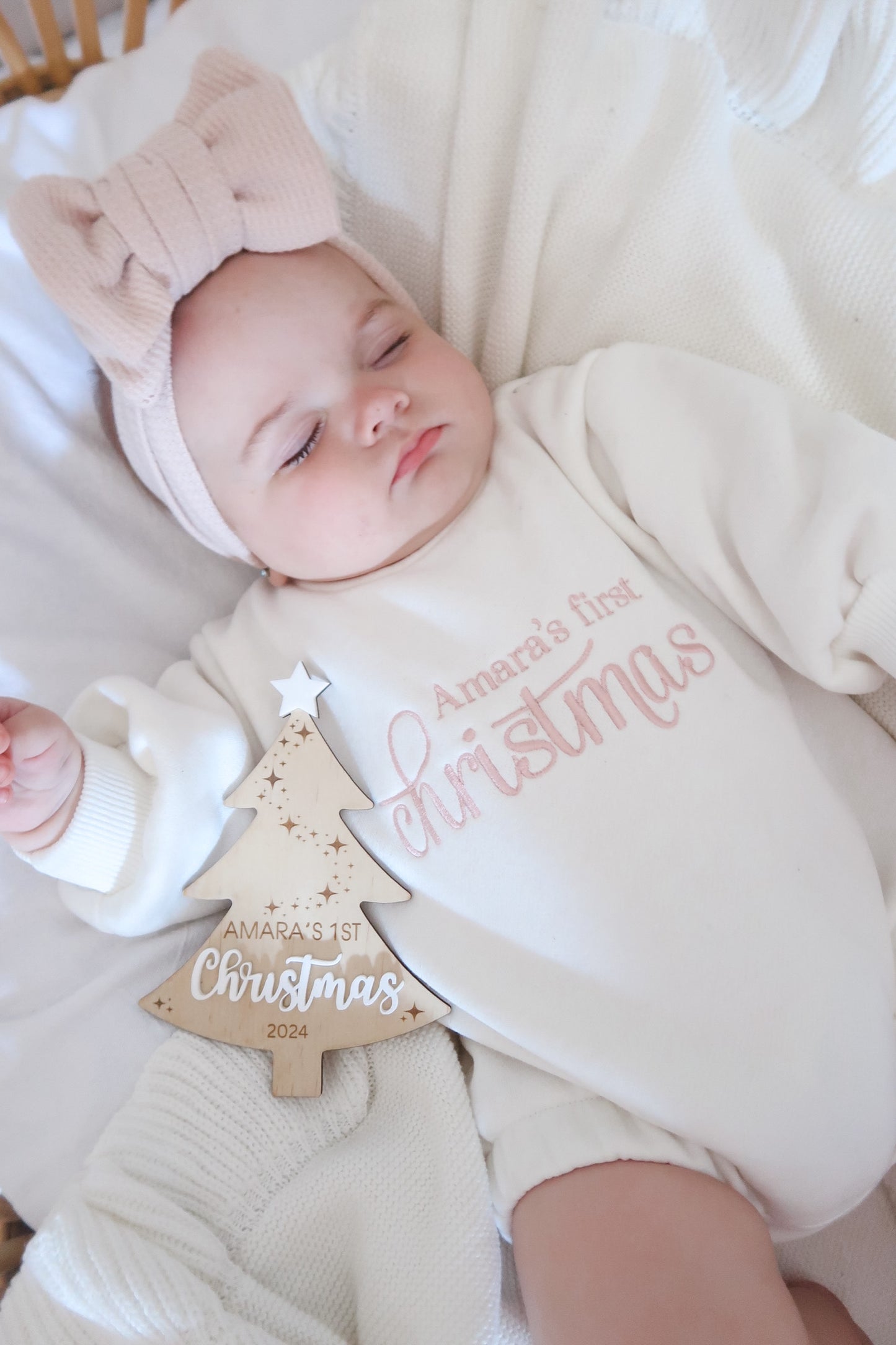 Personalised First Christmas Sweater Romper | Ivory | Pink Embroidery