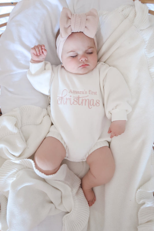 Personalised First Christmas Sweater Romper | Ivory | Pink Embroidery