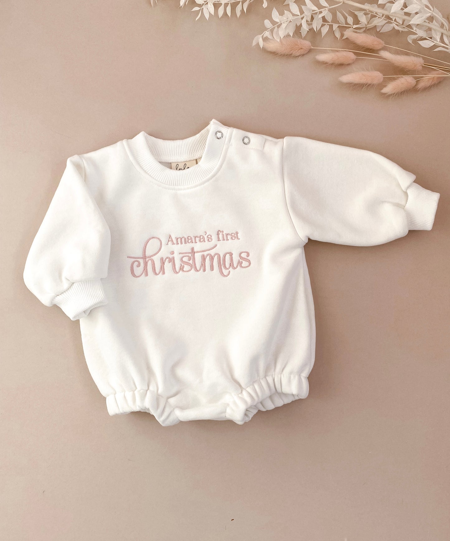 Personalised First Christmas Sweater Romper | Ivory | Pink Embroidery