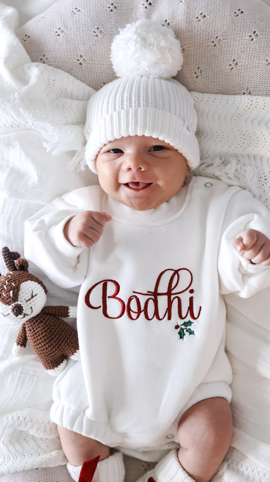 Personalised Christmas Name & Holly Berry | Sweater Romper | Ivory | Red Embroidery