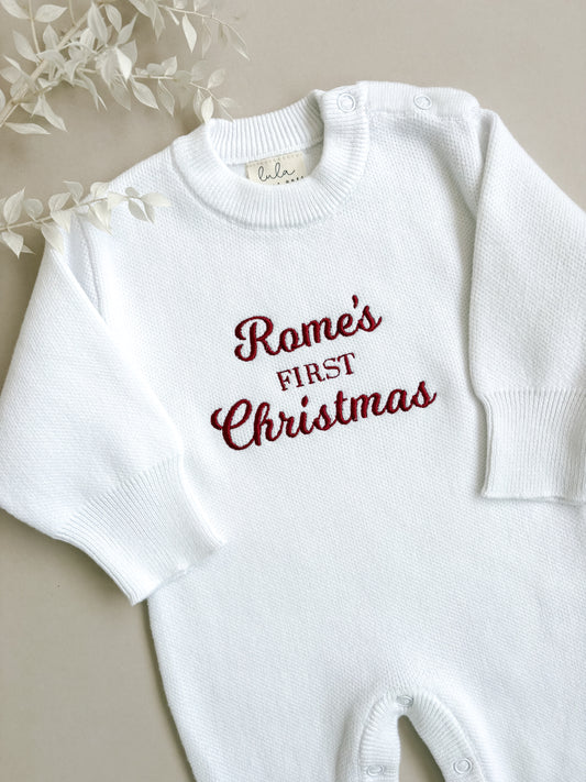 Personalised First Christmas Knit Baby Romper | Full Length | Milk White *PRE-ORDER