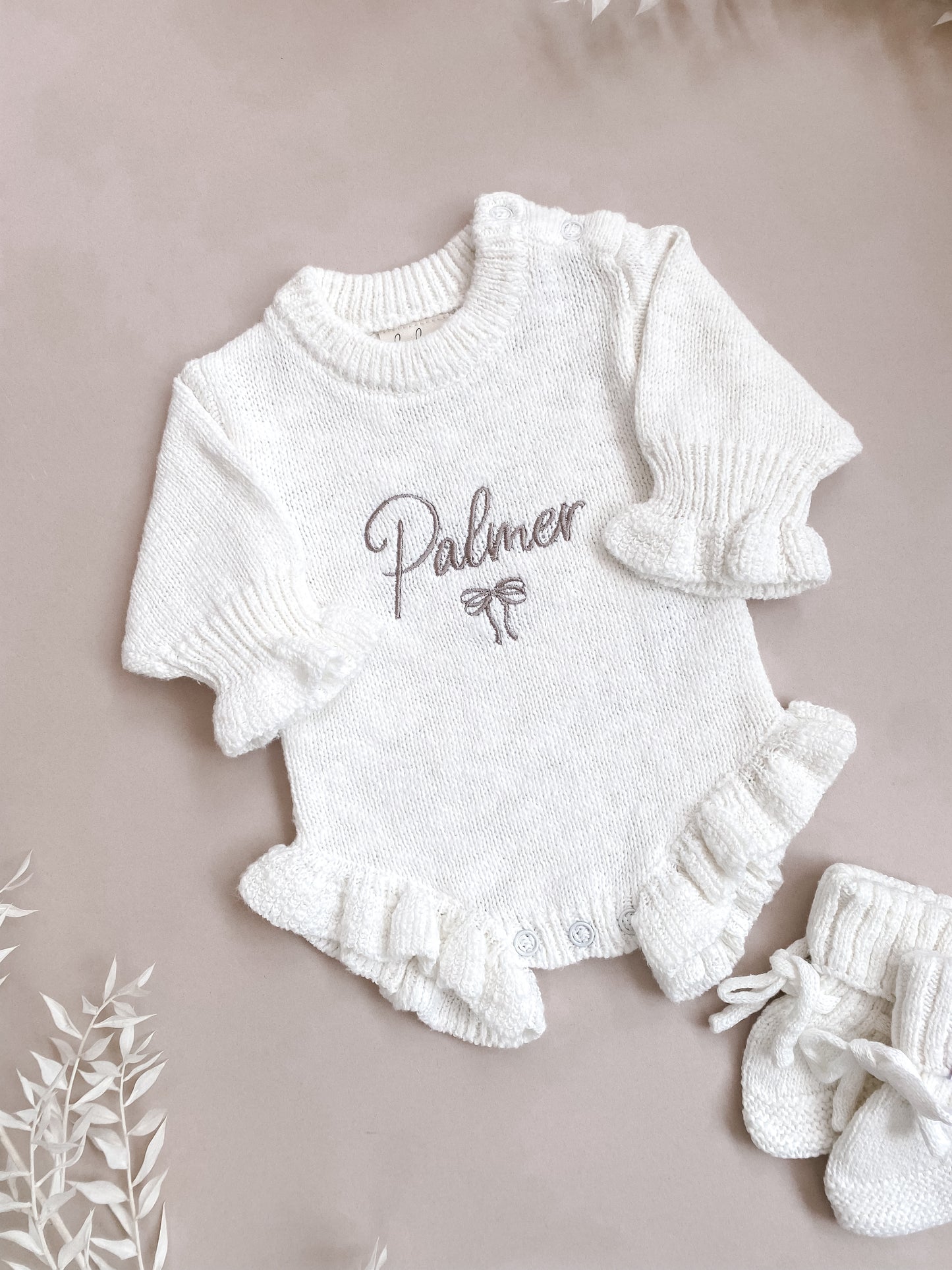 Set | Personalised Frill Knit Bow Romper & Baby Booties | Ivory