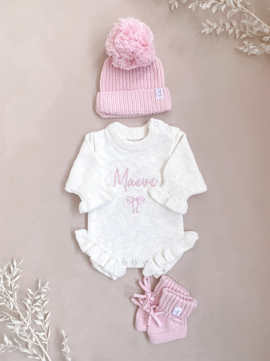 Set | Personalised Frill Knit Bow Romper & Booties & Hat | Ivory & Blossom Pink