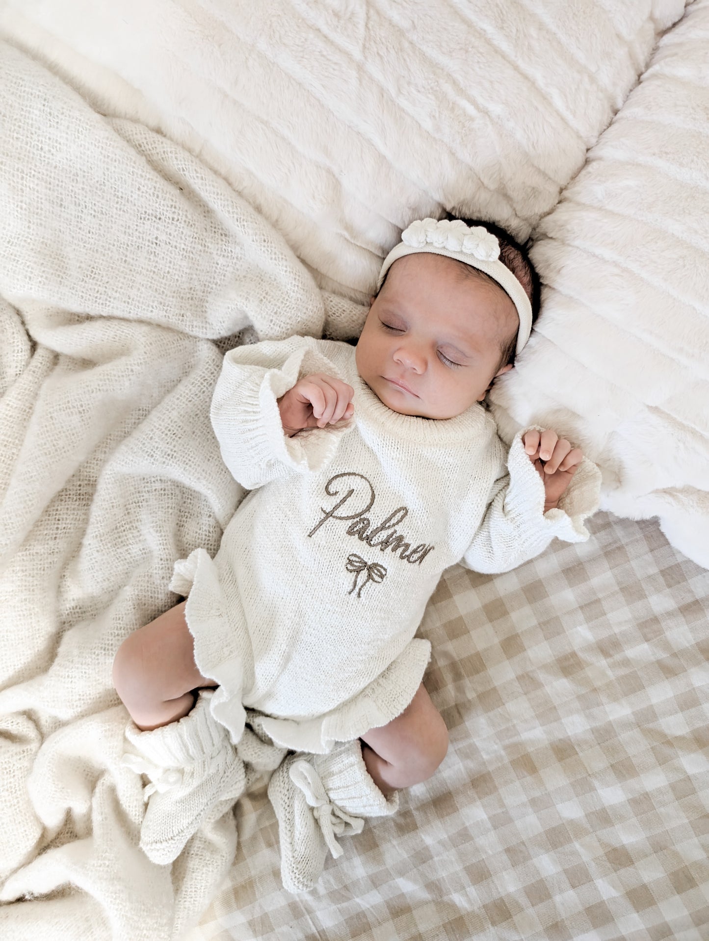 Set | Personalised Frill Knit Bow Romper & Baby Booties | Ivory