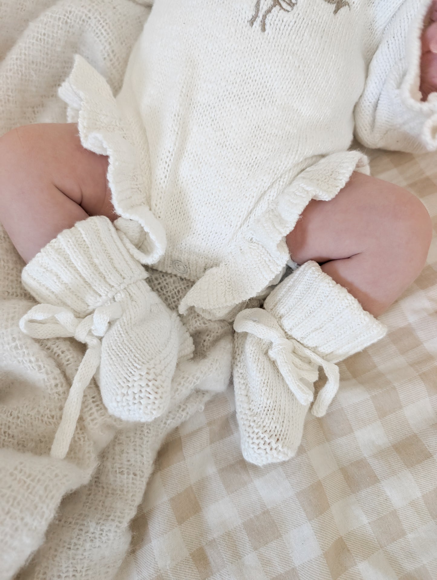 Set | Personalised Frill Knit Bow Romper & Baby Booties | Ivory