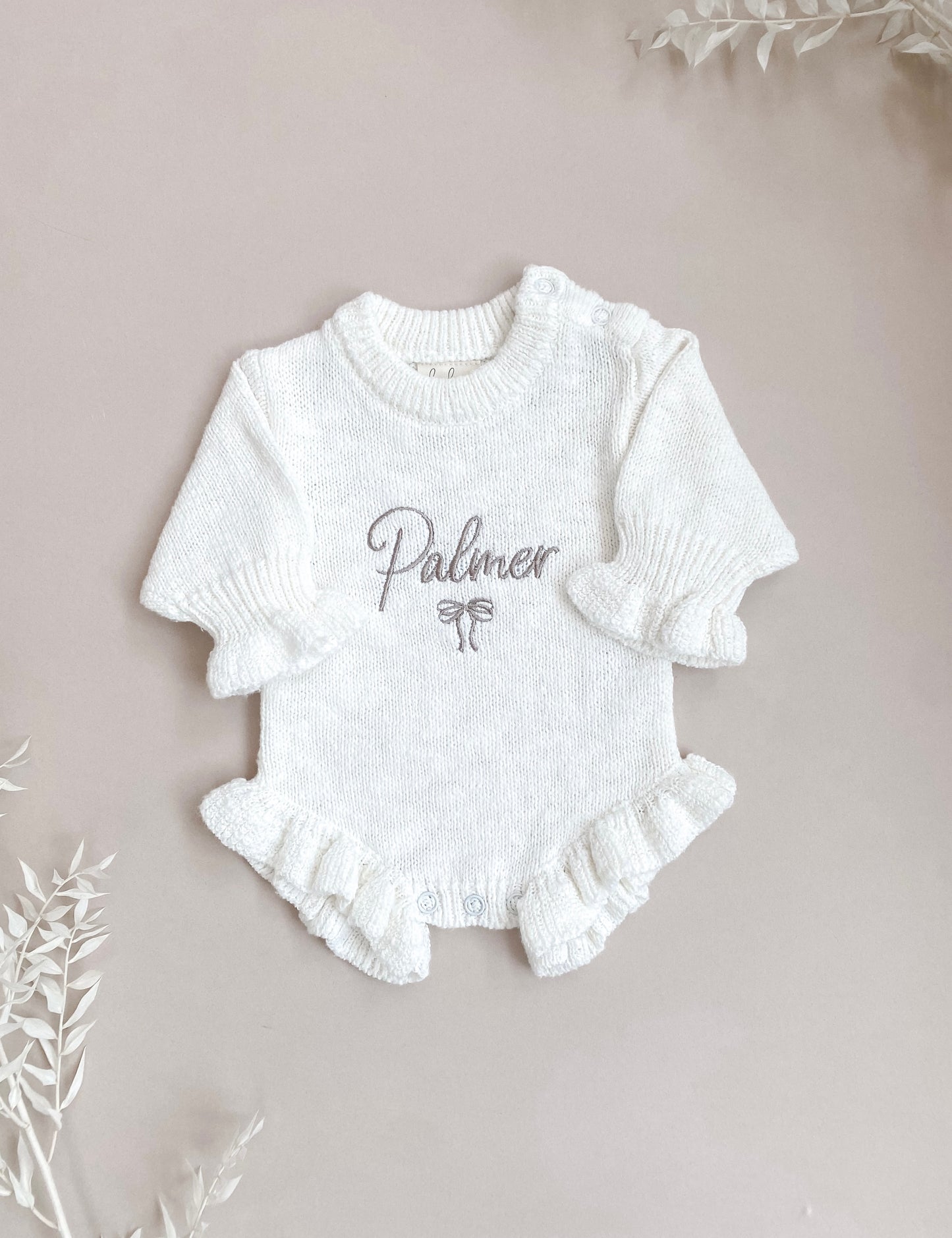 Personalised Frill Knit Bow Romper | Ivory