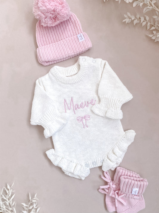 Set | Personalised Frill Knit Bow Romper & Booties & Hat | Ivory & Blossom Pink