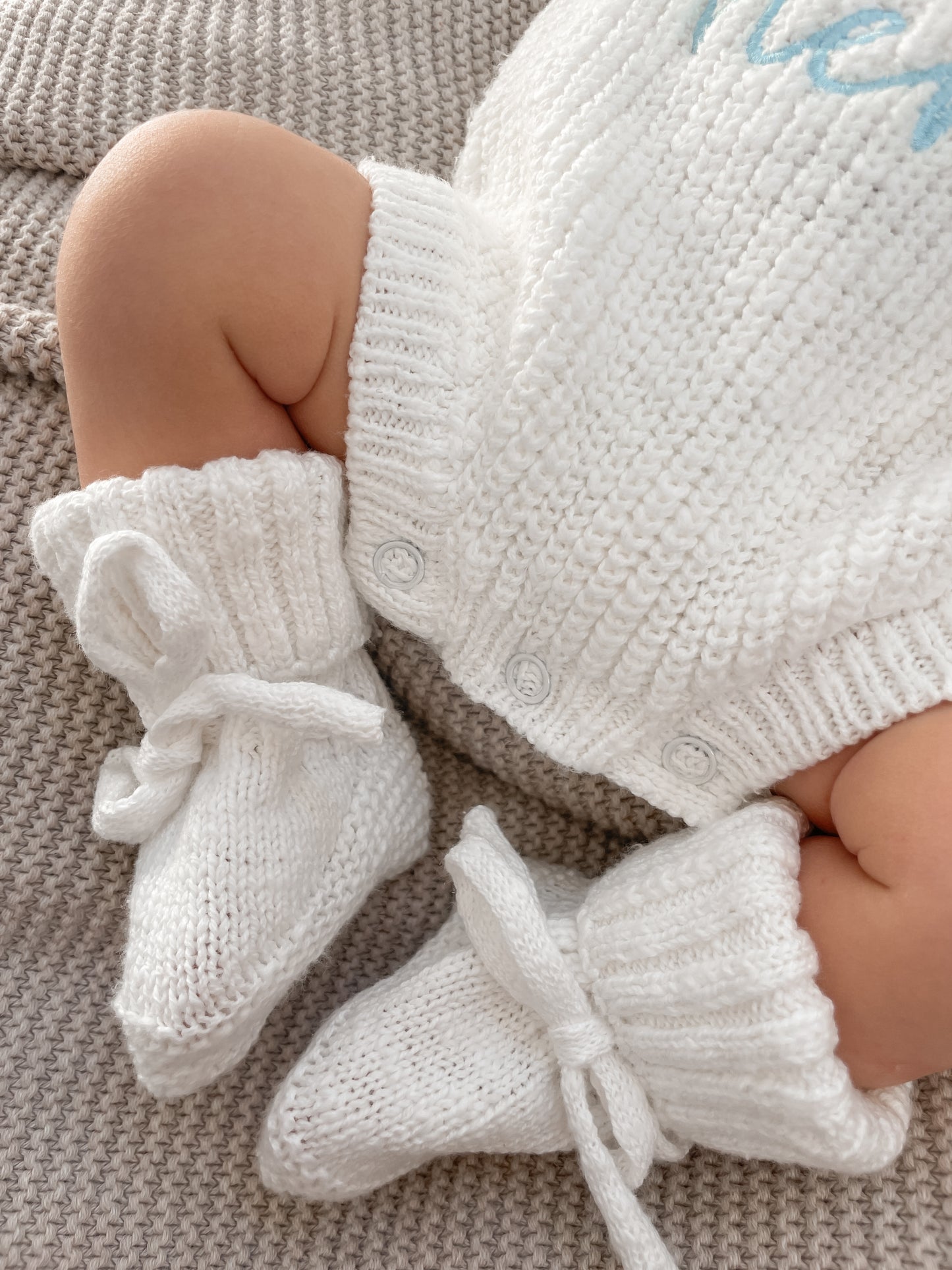 Set | He's Here | Chunky Knit Baby Romper & Booties & Hat | Ivory