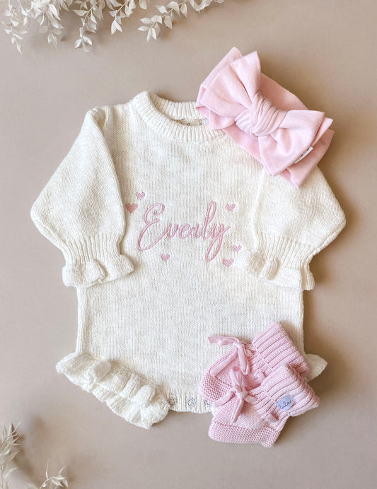 Personalised Frill Knit Hearts Romper | Ivory