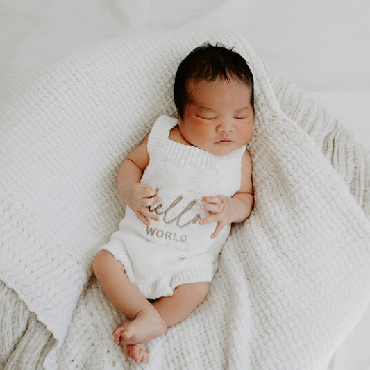 hello world chunky knit newborn romper