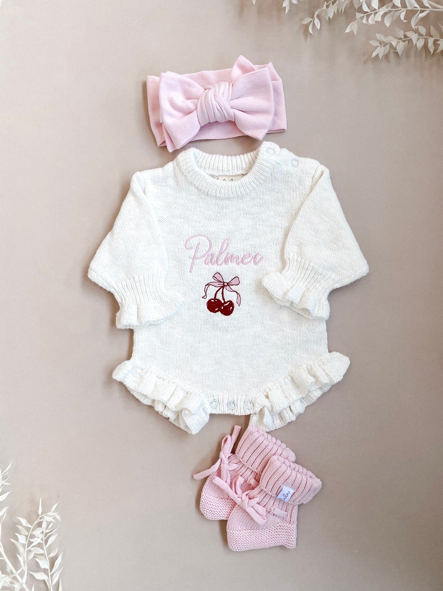 Personalised Frill Knit Cherry Romper | Ivory