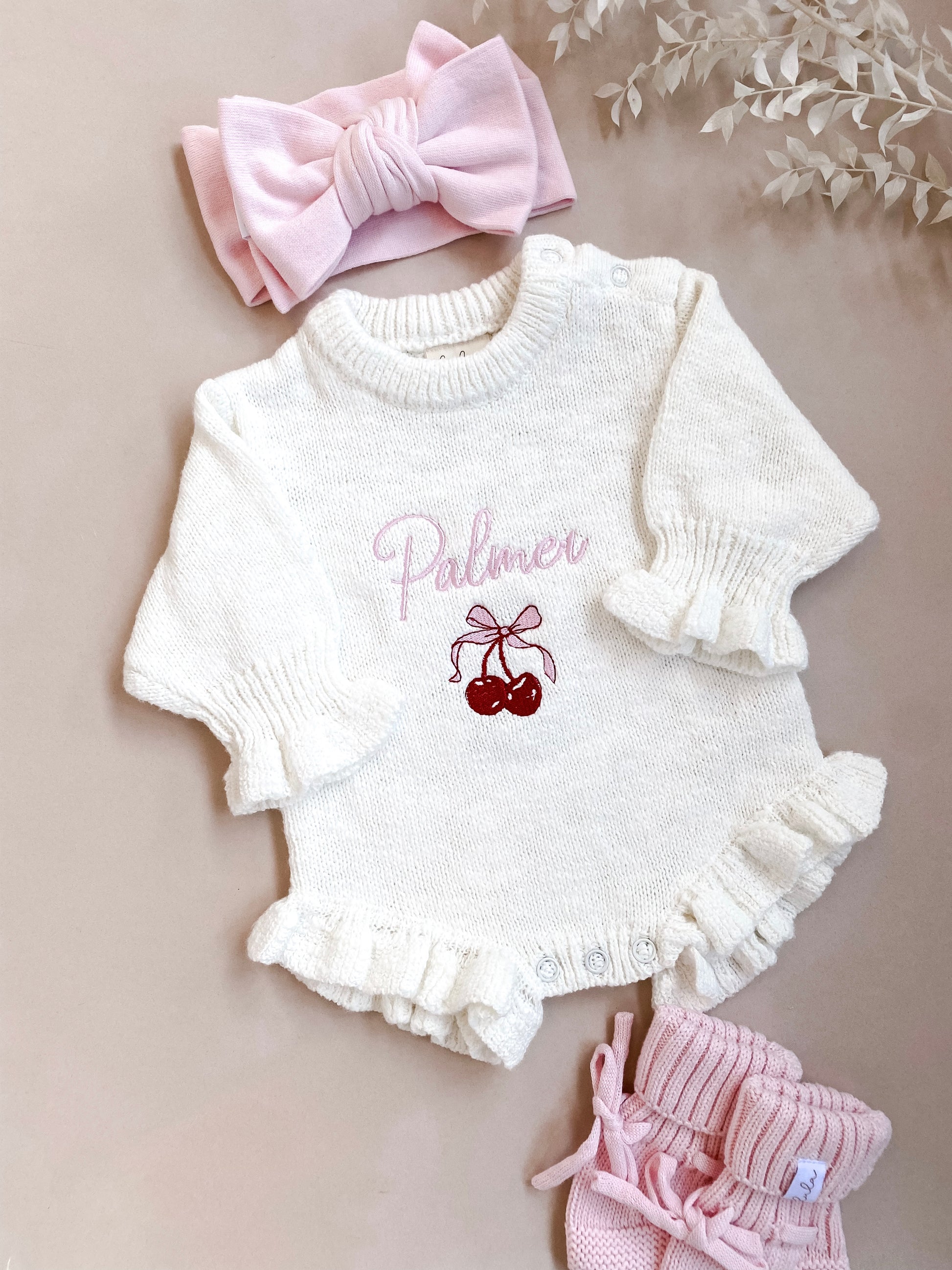 Personalised Frill Knit Cherry Baby Romper Ivory First Outfit