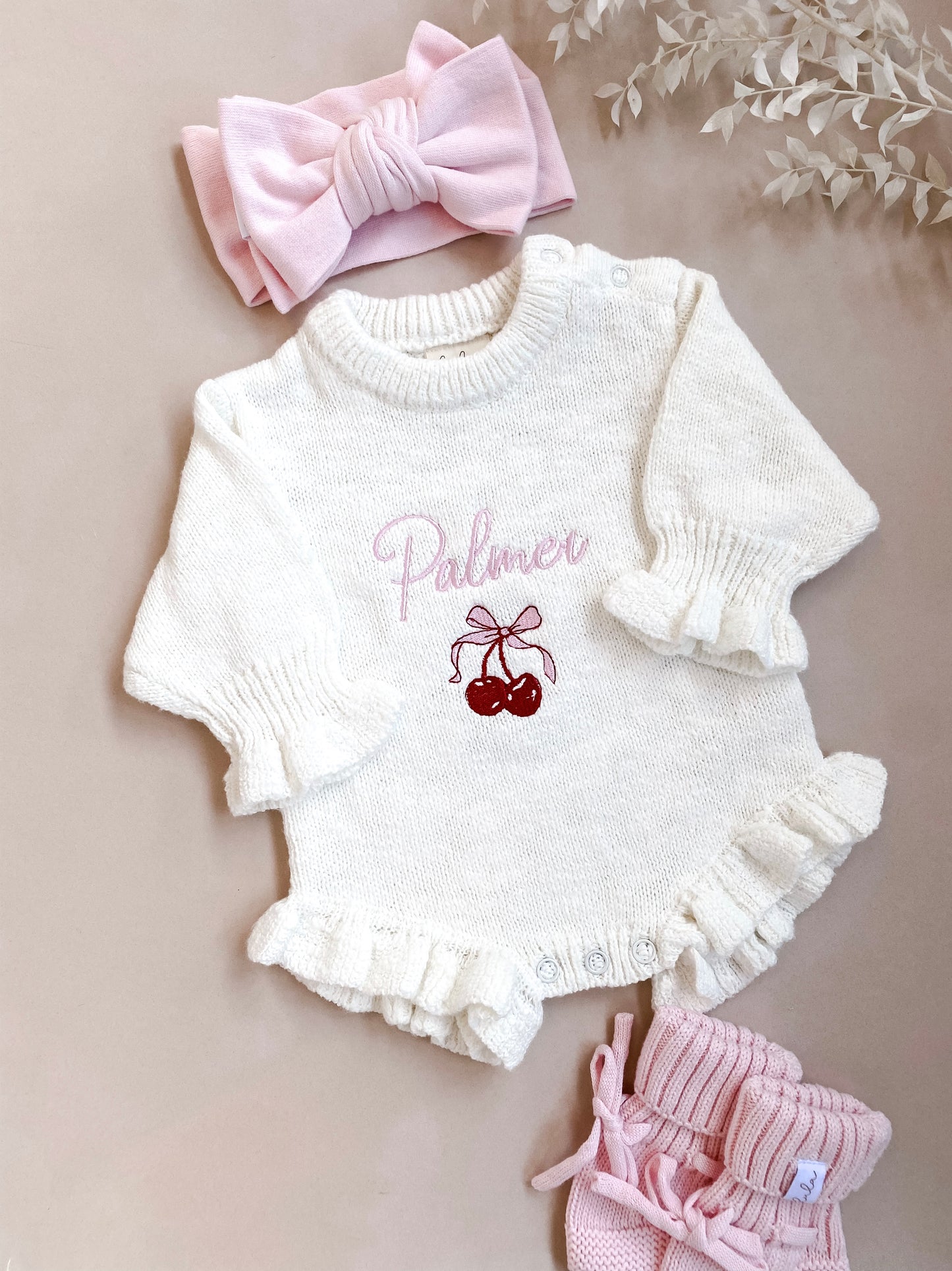 Personalised Frill Knit Cherry Romper | Ivory