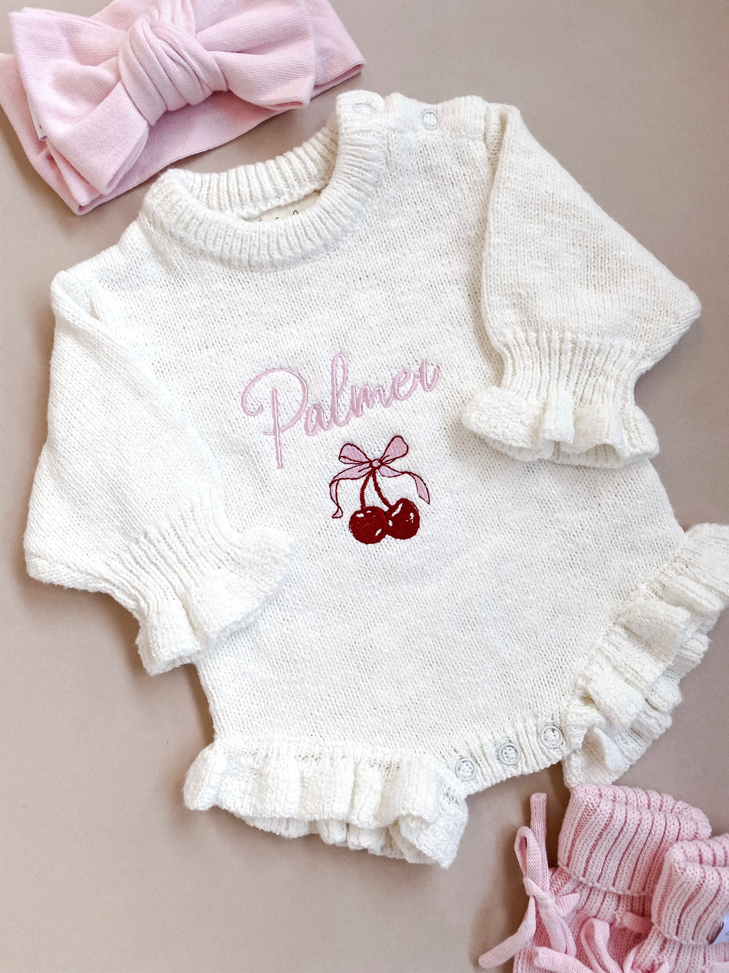 Personalised Frill Knit Cherry Romper | Ivory