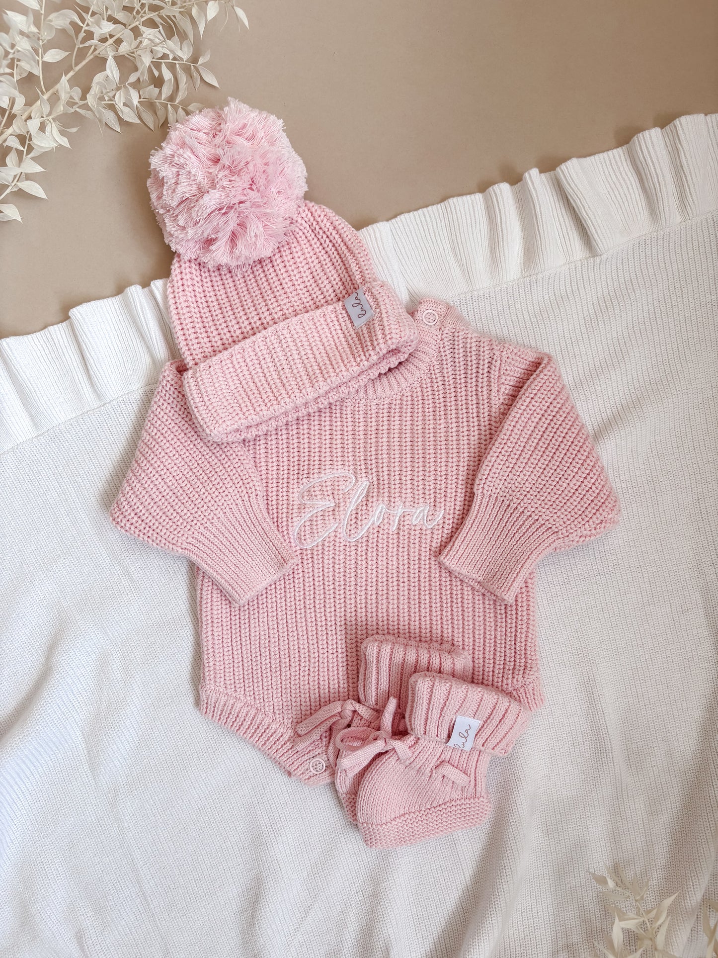 Set | Personalised Chunky Knit Baby Romper & Booties & Hat | Blossom Pink