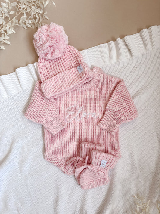 Set | Personalised Chunky Knit Baby Romper & Booties & Hat | Blossom Pink