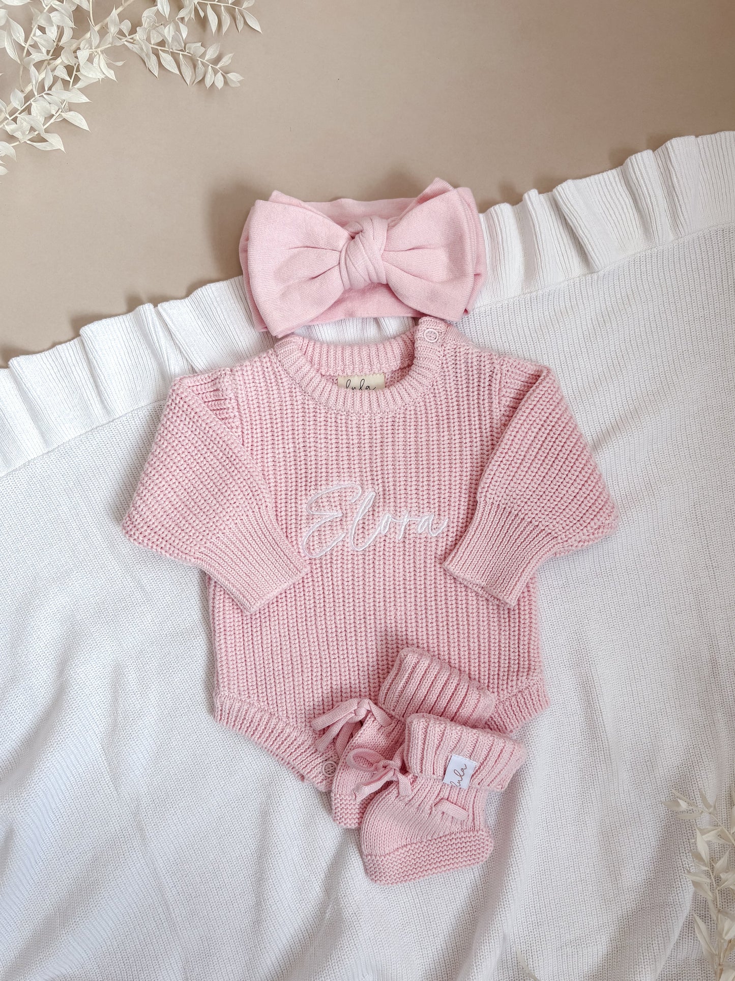 Set | Personalised Chunky Knit Baby Romper & Booties & Topknot | Blossom Pink