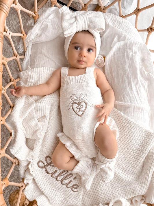 Personalised Locket Sleeveless Frill Knit Romper | Ivory