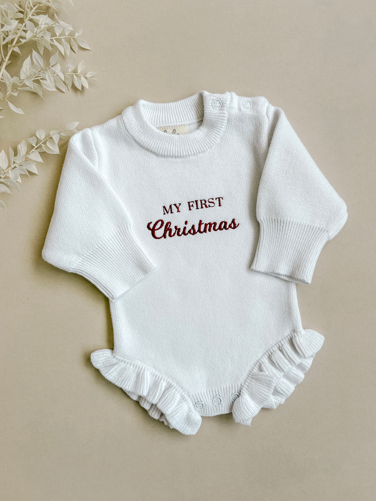 My First Christmas | Frill Knit Baby Romper | Milk White