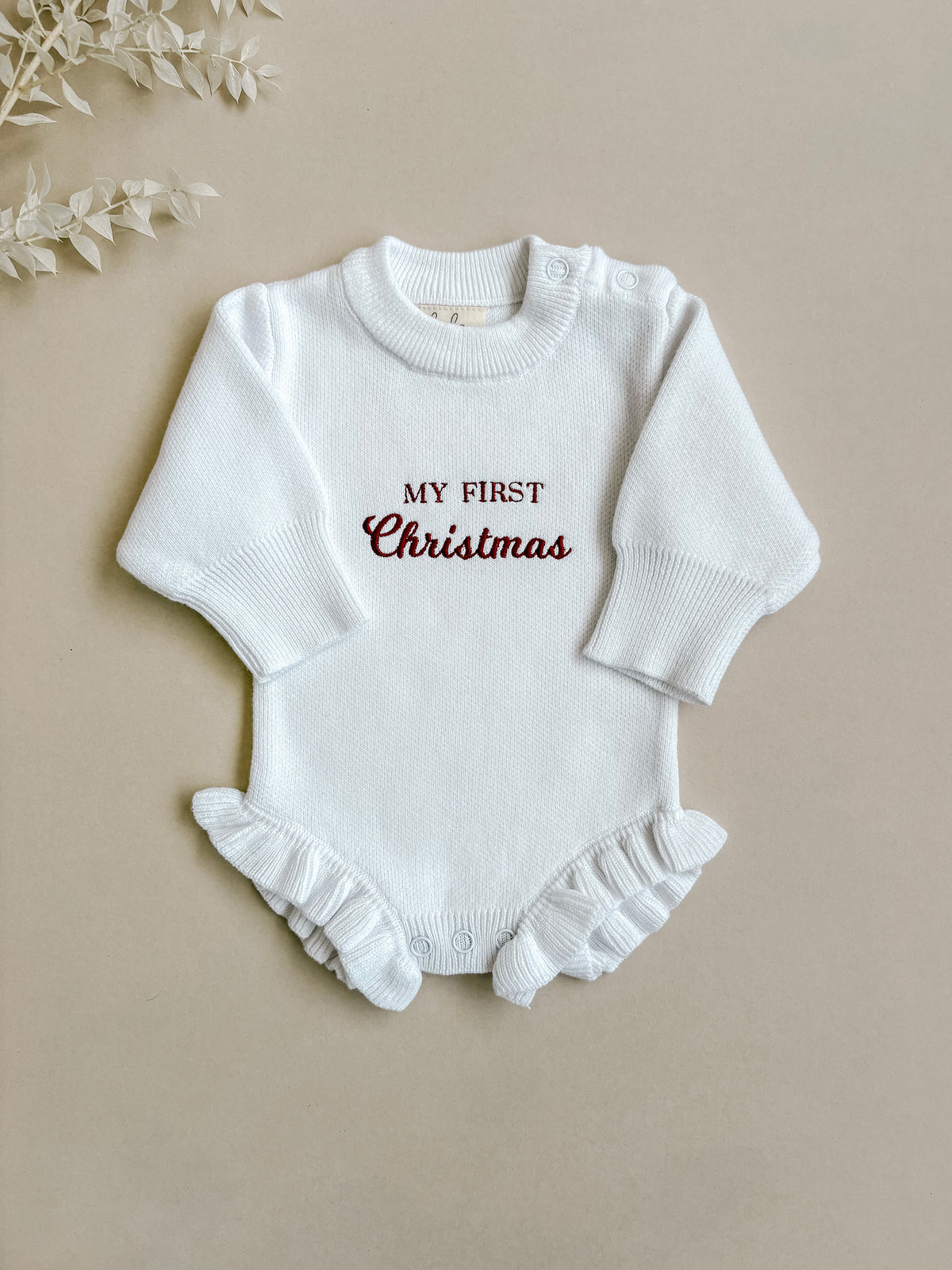 My First Christmas | Frill Knit Baby Romper | Milk White