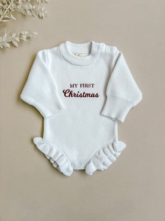 My First Christmas | Frill Knit Baby Romper | Milk White