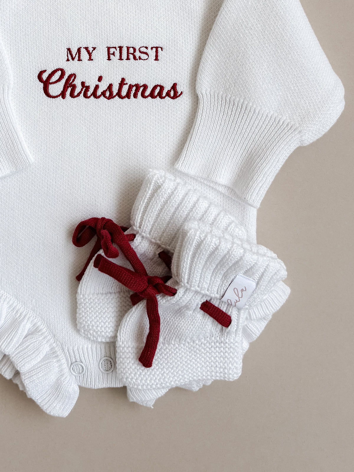 Baby Booties | Chunky Knit | Milk White | Ruby Red Laces