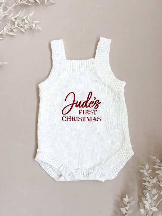 Personalised First Christmas Sleeveless Knit Baby Romper | Ivory