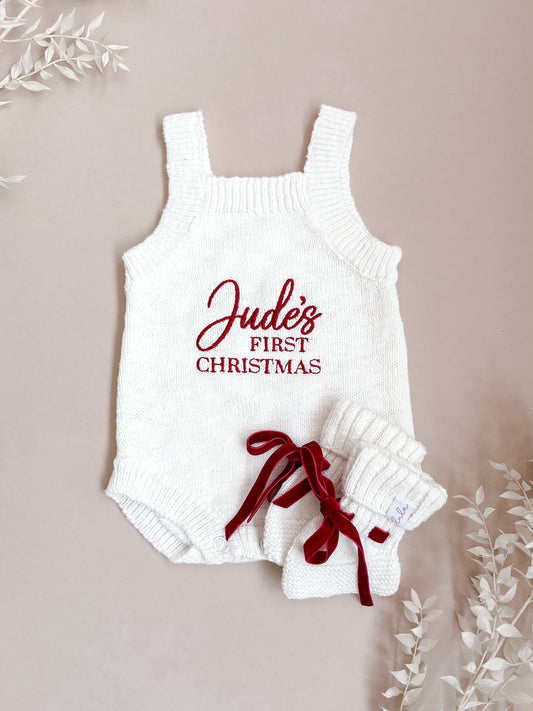 Personalised First Christmas Sleeveless Knit Baby Romper | Ivory