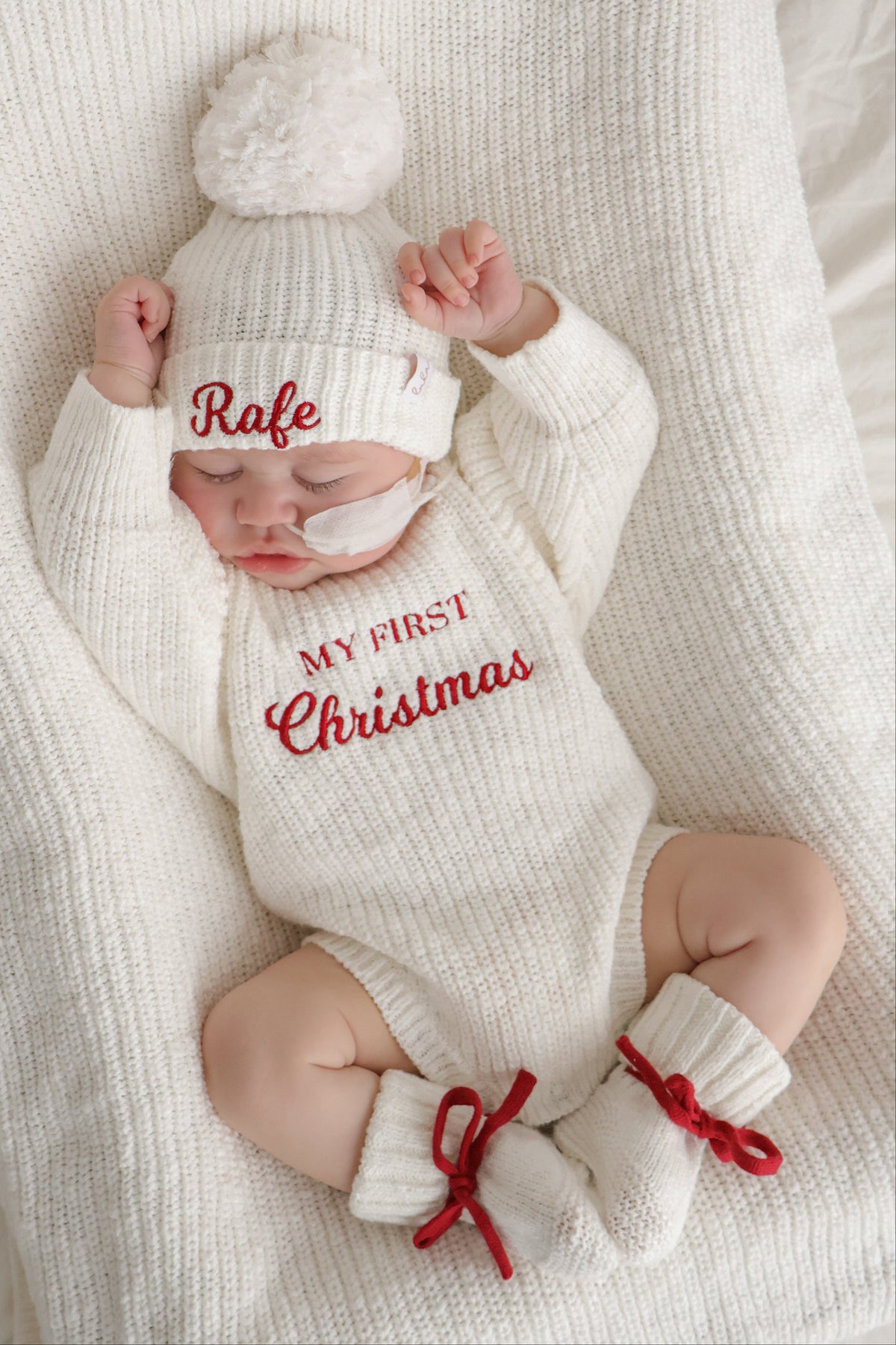 Baby Booties | Chunky Knit | Ivory | Ruby Red Laces