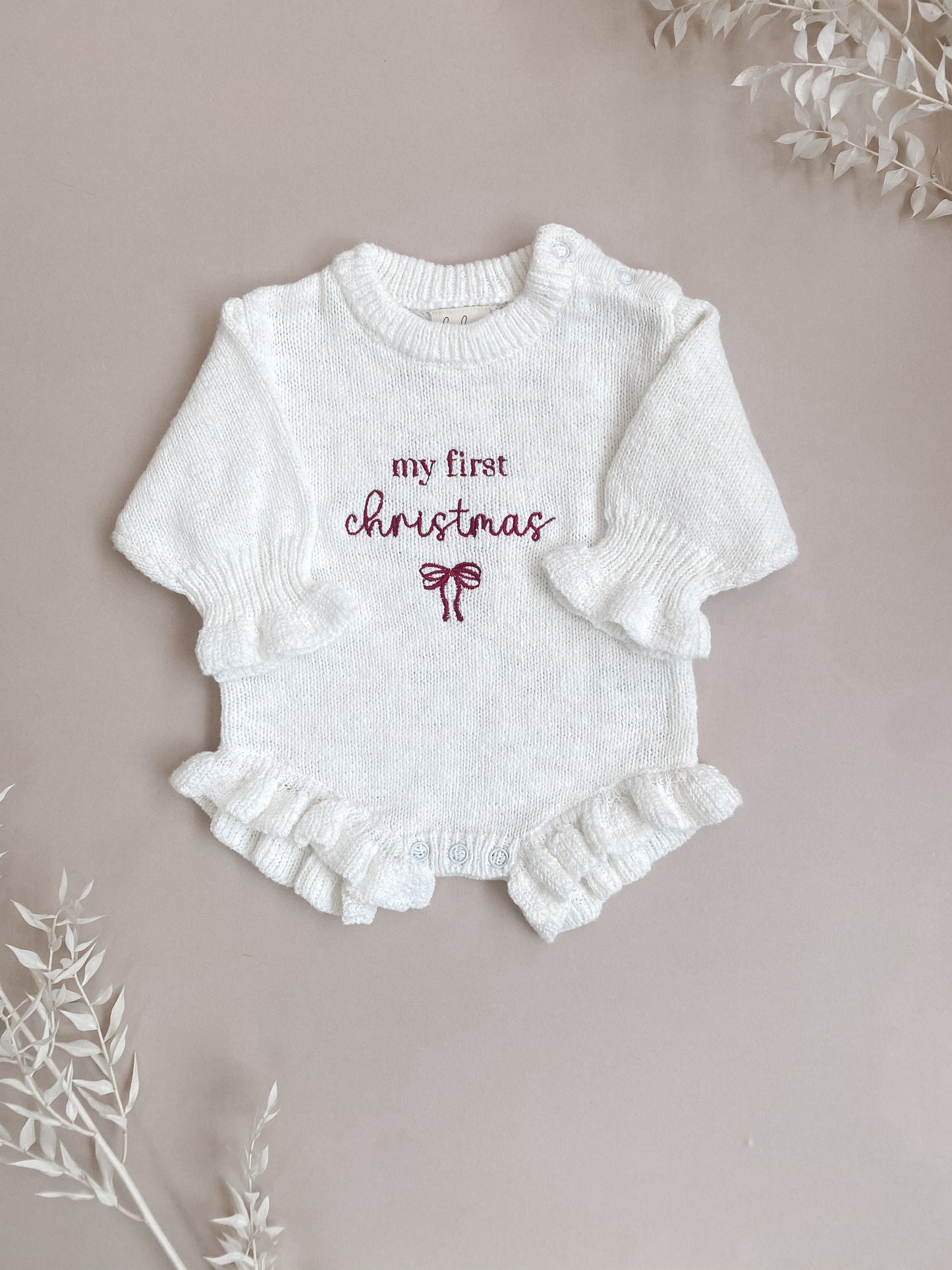 My First Christmas | Frill Knit Romper | Ivory | Red Embroidery