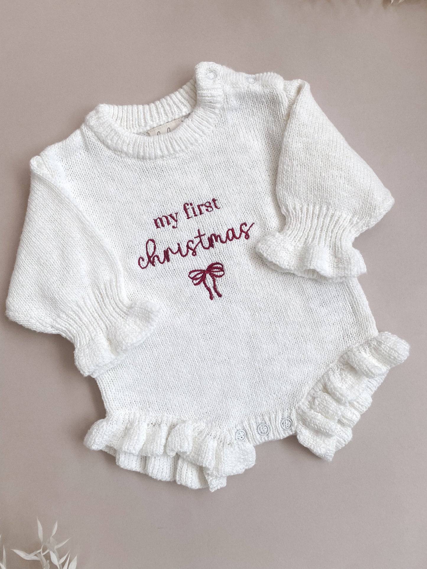 My First Christmas | Frill Knit Romper | Ivory | Red Embroidery