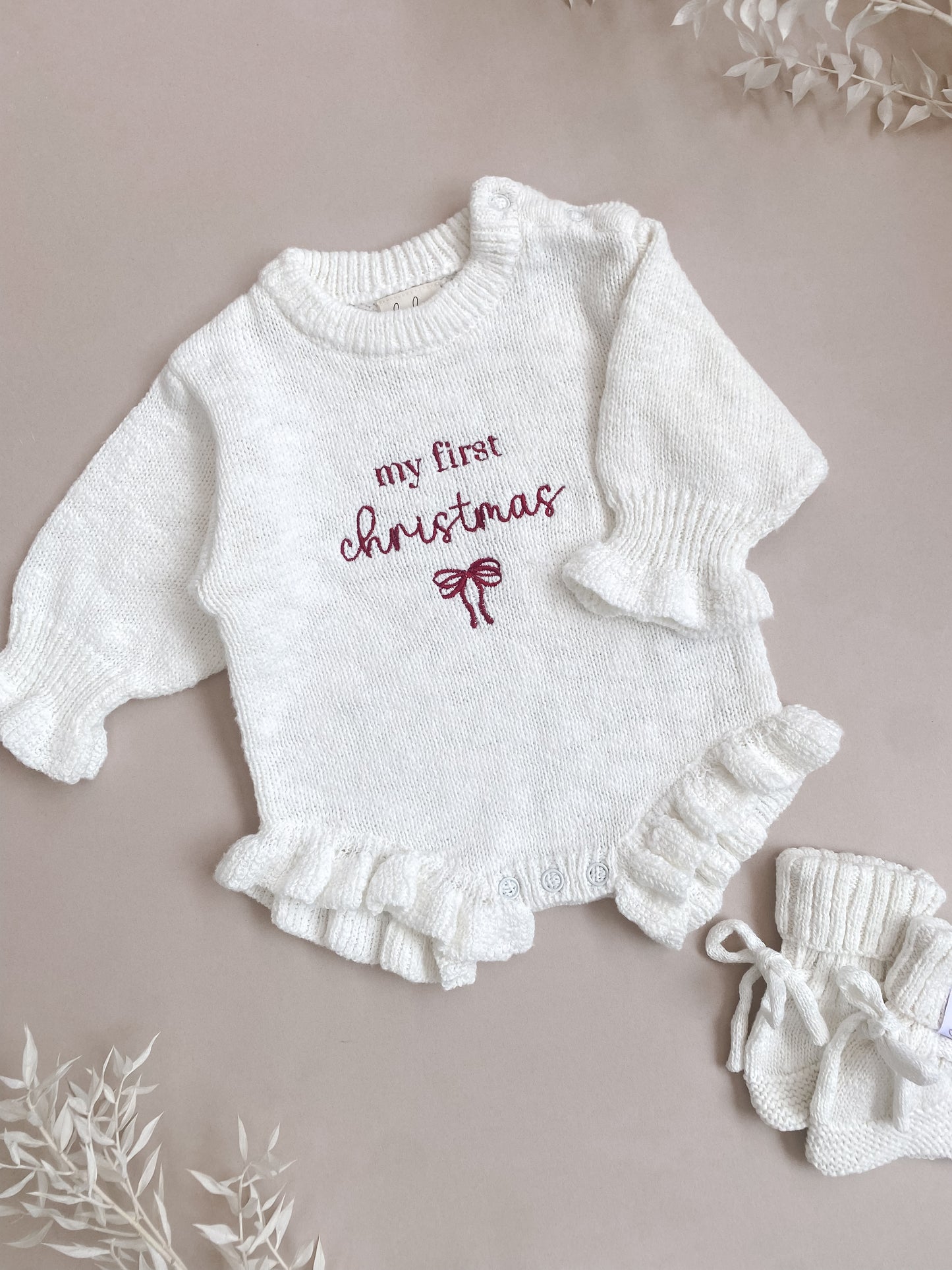 My First Christmas | Frill Knit Romper | Ivory | Red Embroidery