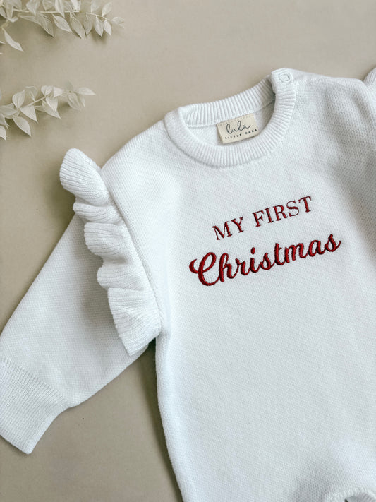 My First Christmas | Frill Knit Baby Romper | Full Length | Milk White *PRE-ORDER