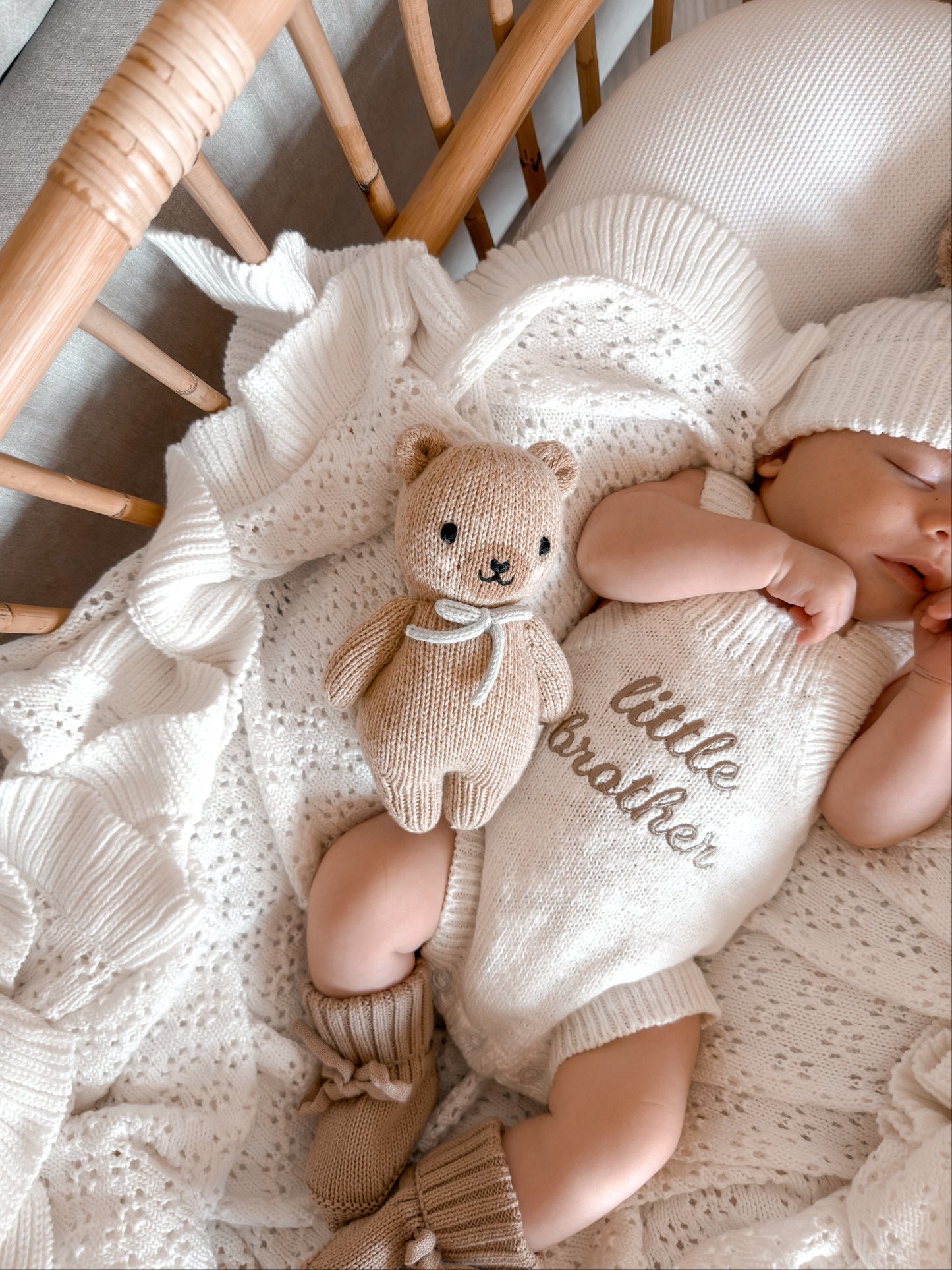 Set | Personalised Sleeveless Knit Baby Romper & Booties & Hat | Ivory & Cocoa
