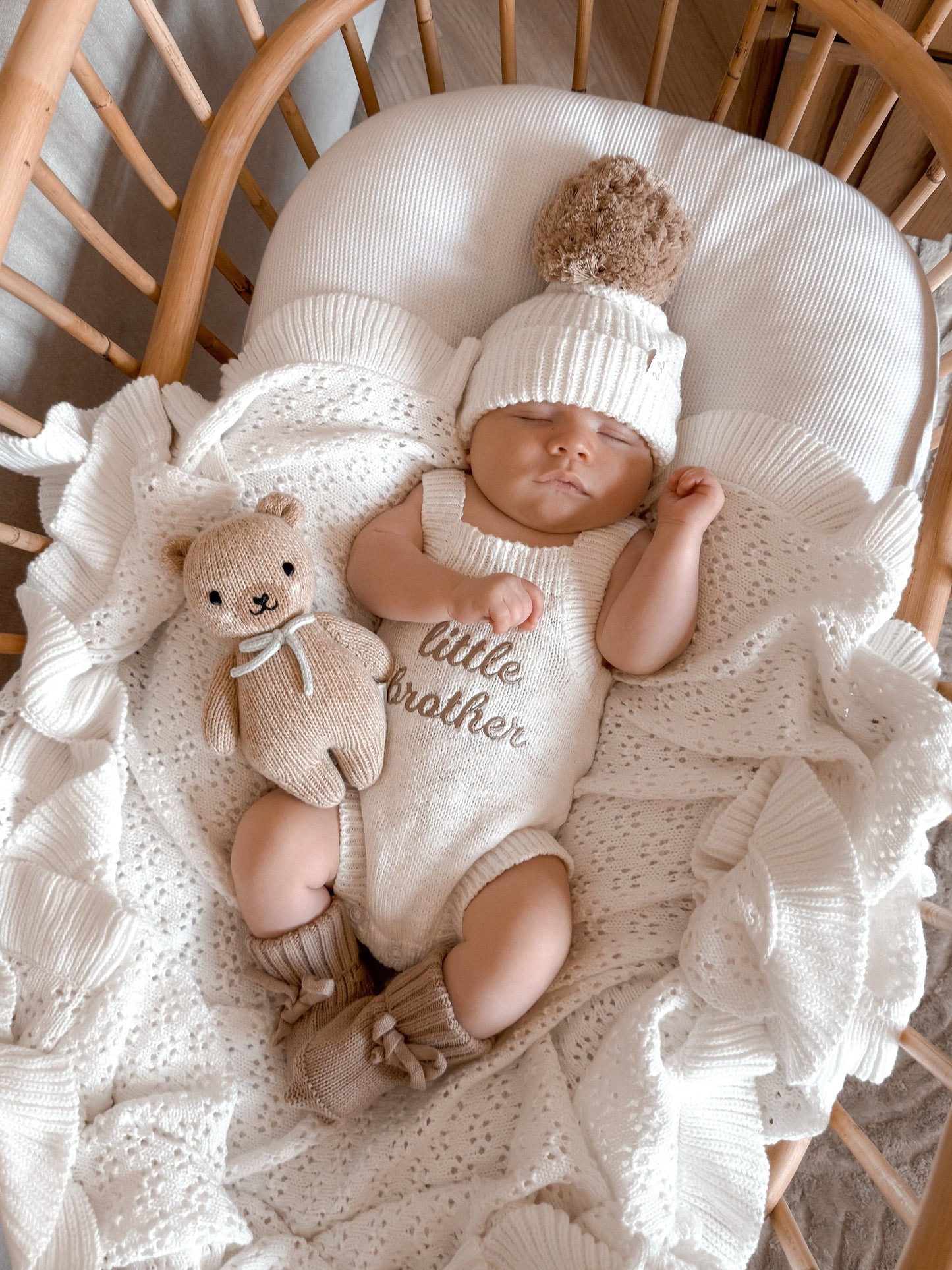 Set | Personalised Sleeveless Knit Baby Romper & Booties & Hat | Ivory & Cocoa
