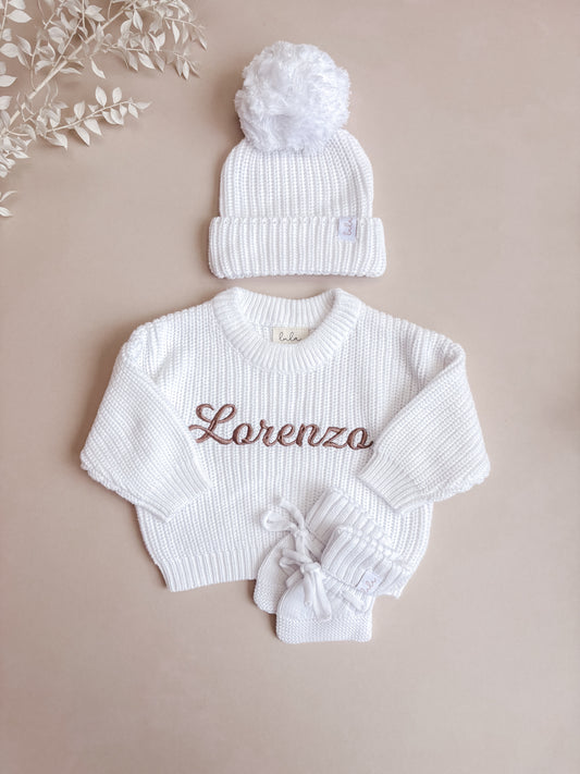 Set | Personalised Chunky Knit Baby Jumper & Booties & Hat | Milk White