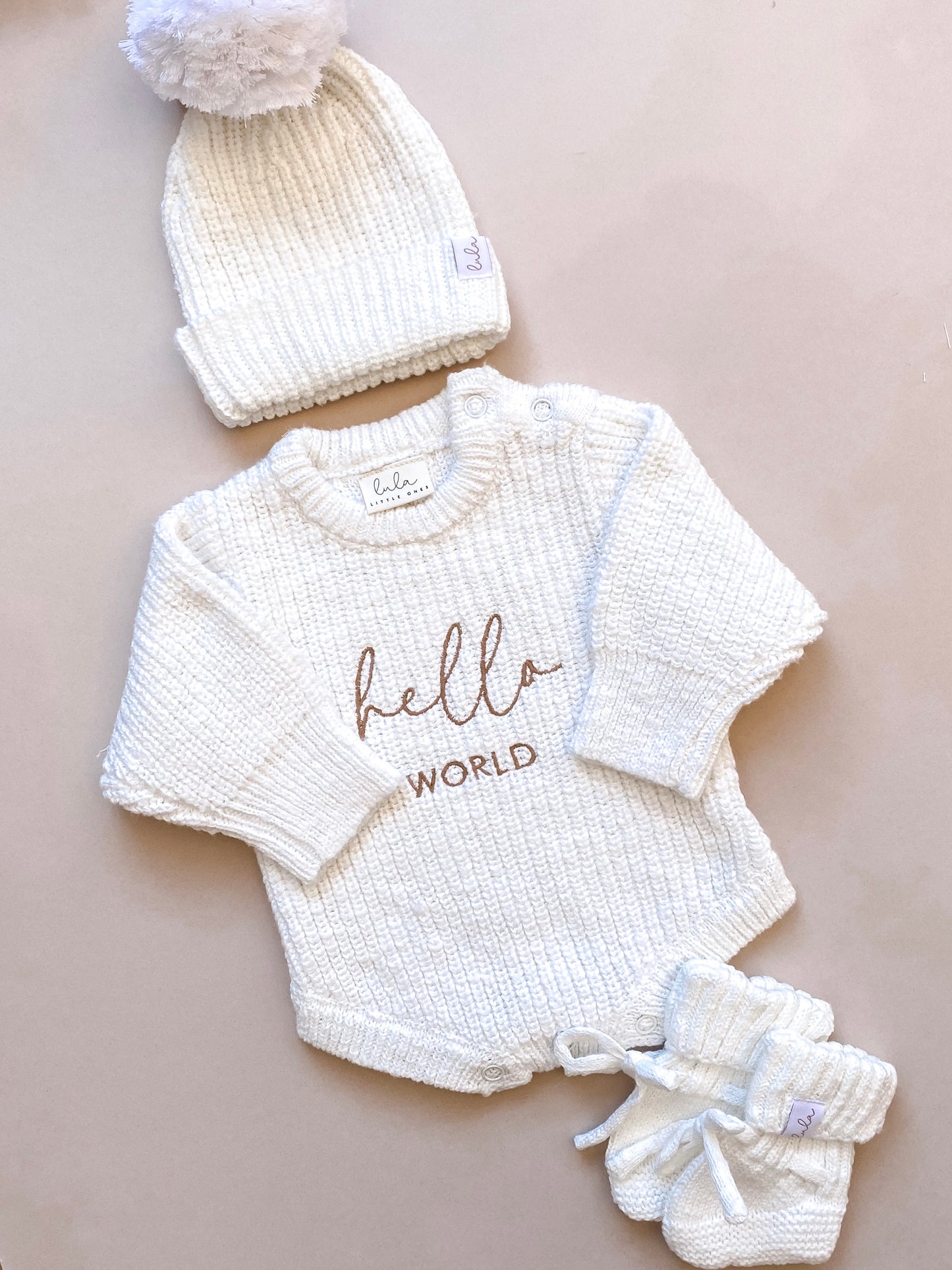 Hello world baby first outfit set | knit romper