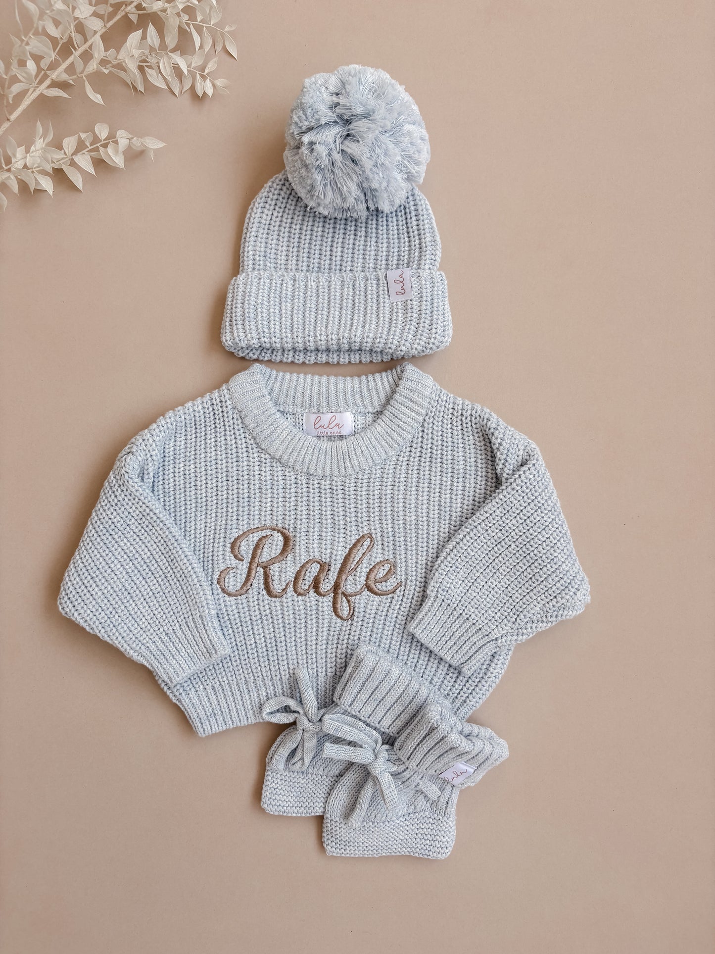 Set | Personalised Chunky Knit Baby Jumper & Booties & Hat | Baby Blue
