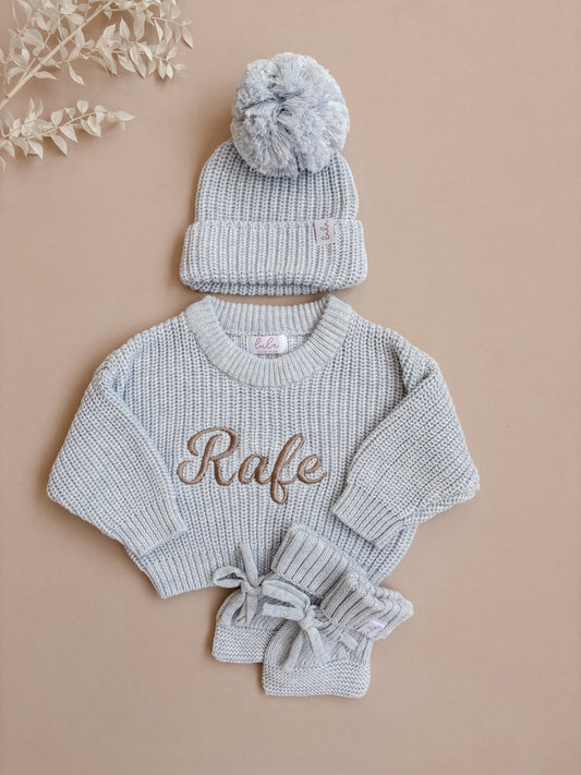 Set | Personalised Chunky Knit Baby Jumper & Booties & Hat | Baby Blue