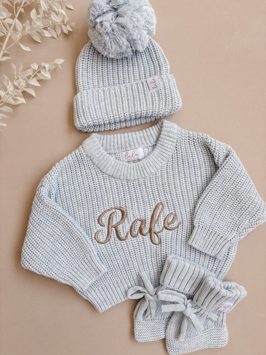 Set | Personalised Chunky Knit Baby Jumper & Booties & Hat | Baby Blue