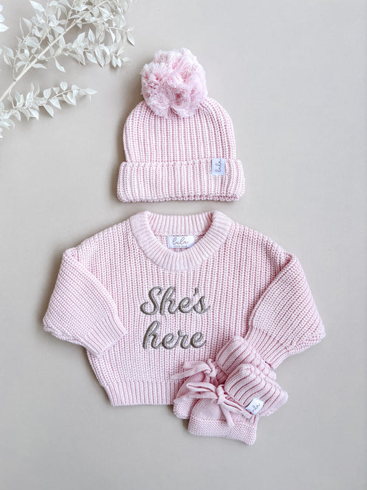 Set | Personalised Chunky Knit Baby Jumper & Booties & Hat | Blossom Pink