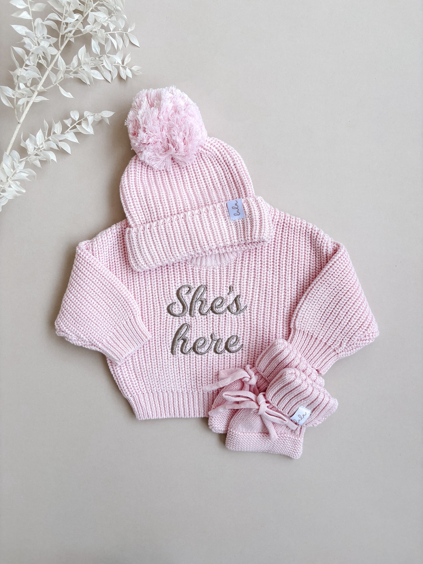 Set | Personalised Chunky Knit Baby Jumper & Booties & Hat | Blossom Pink
