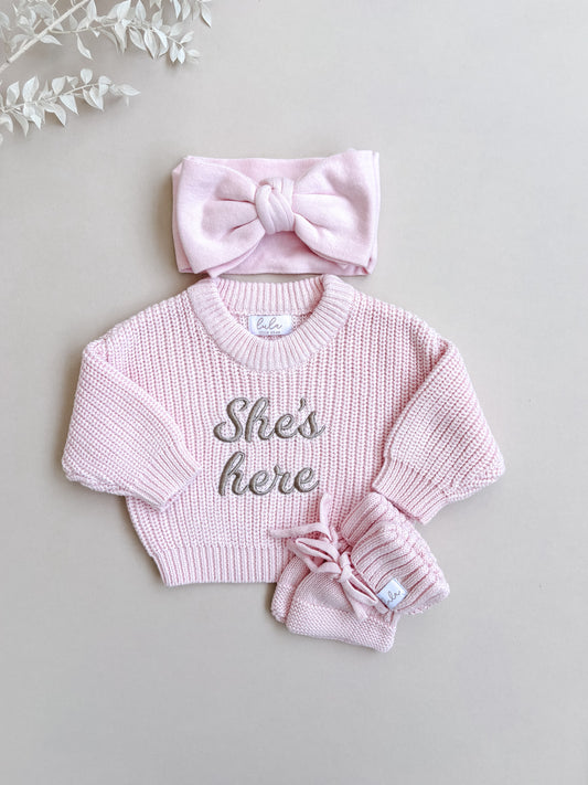 Set | Personalised Chunky Knit Baby Jumper & Booties & Topknot | Blossom Pink