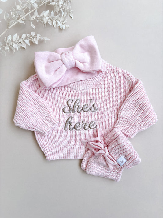 Set | Personalised Chunky Knit Baby Jumper & Booties & Topknot | Blossom Pink